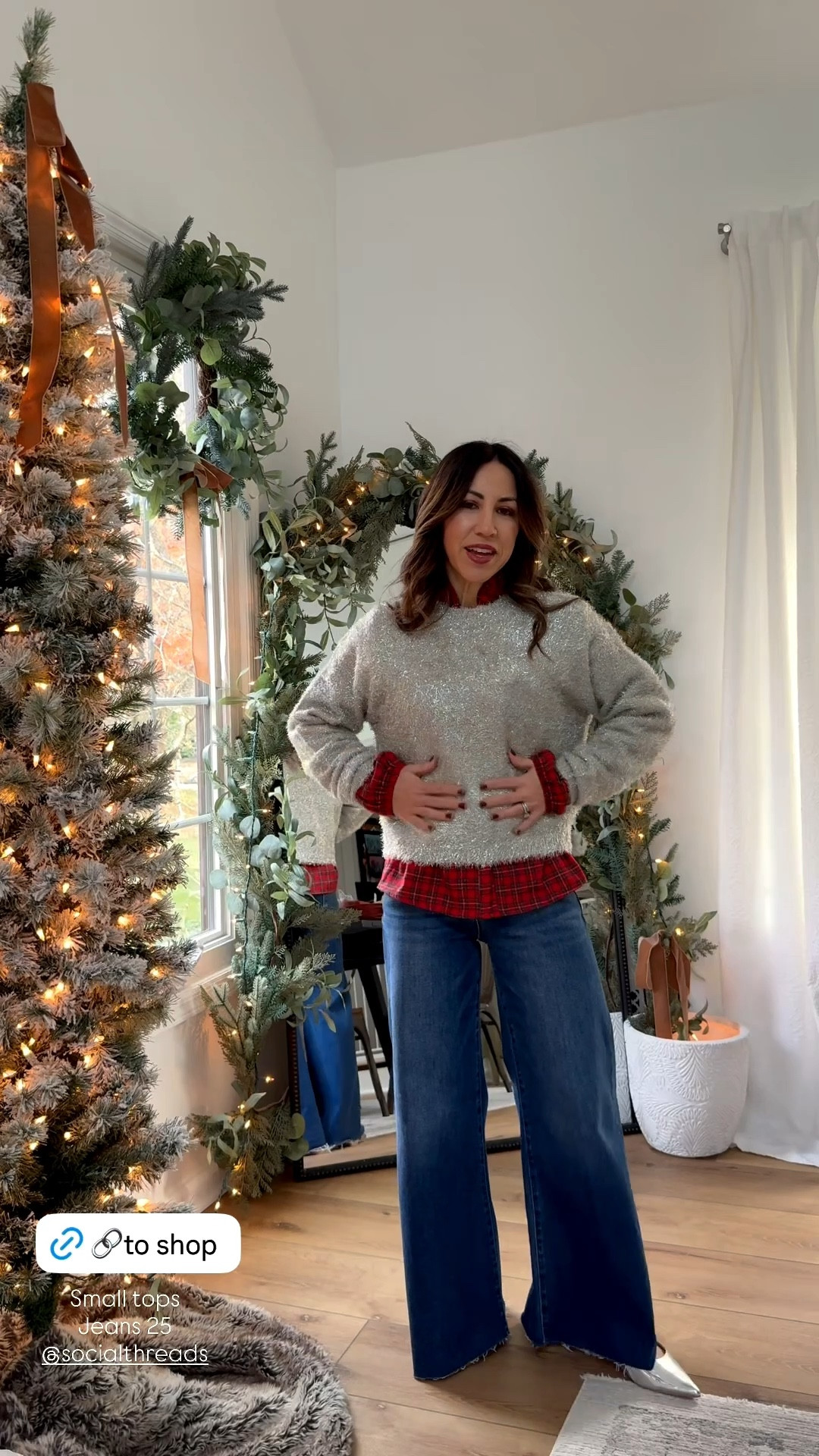 Small holiday sweater, small plaid button down. 25 wide leg jeans. Holiday outfit.

#LTKOver40 #LTKHoliday #LTKFindsUnder100
