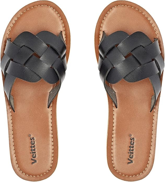 Veittes Women's Slide Sandals - Casual Toe Ring Criss Cross Strappy Flat Summer Shoes. | Amazon (US)