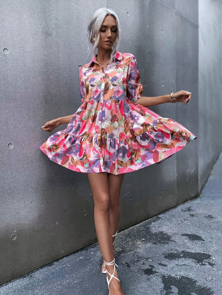 Brush Print Puff Sleeve Smock Dress | SHEIN