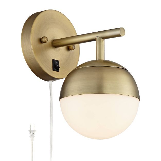 360 Lighting Mid Century Modern Wall Lamp Antique Brass Plug-In Light Fixture Frosted Glass Globe... | Target