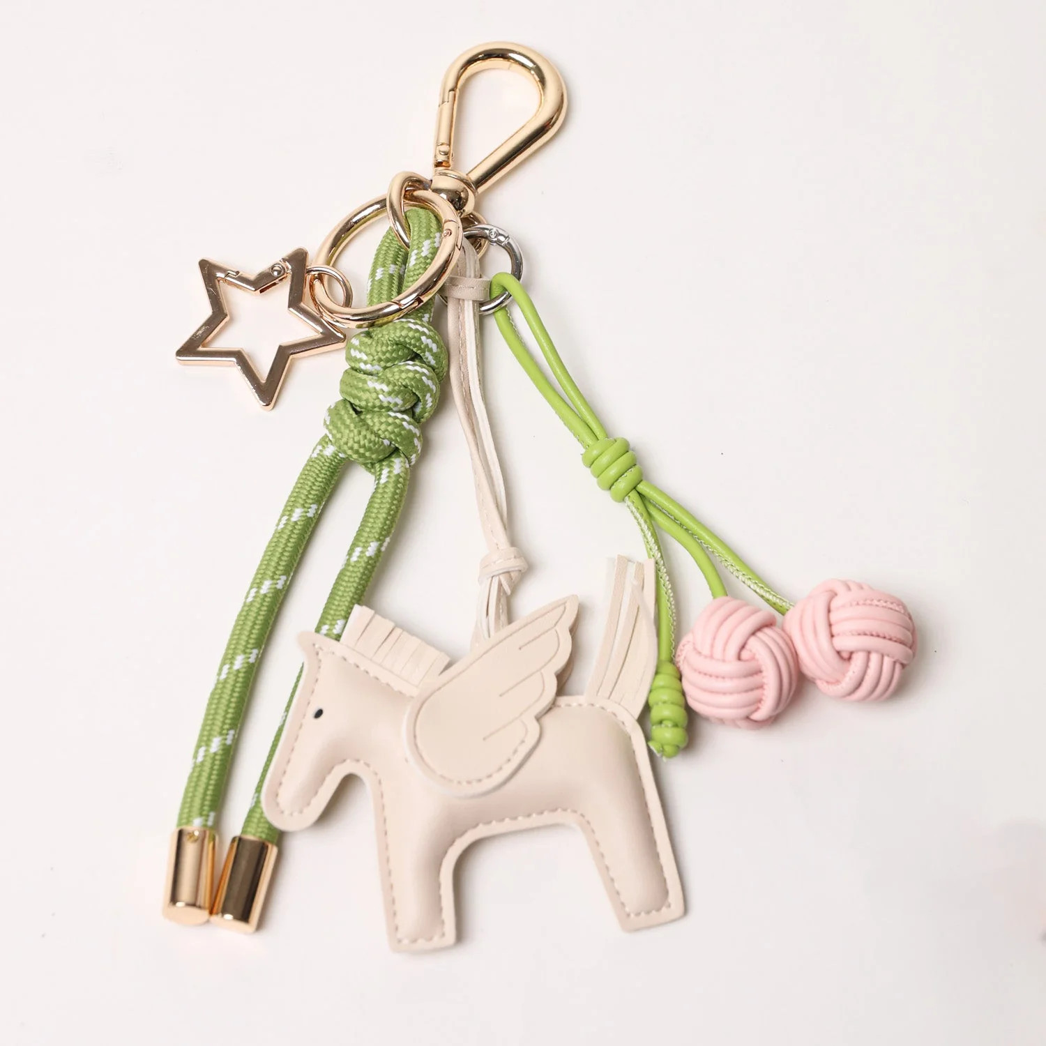 KEY CHAIN SAFARI GREEN WITH CHARMS - WHITE FLYING HORSE AND PINK CHERR | PopUps