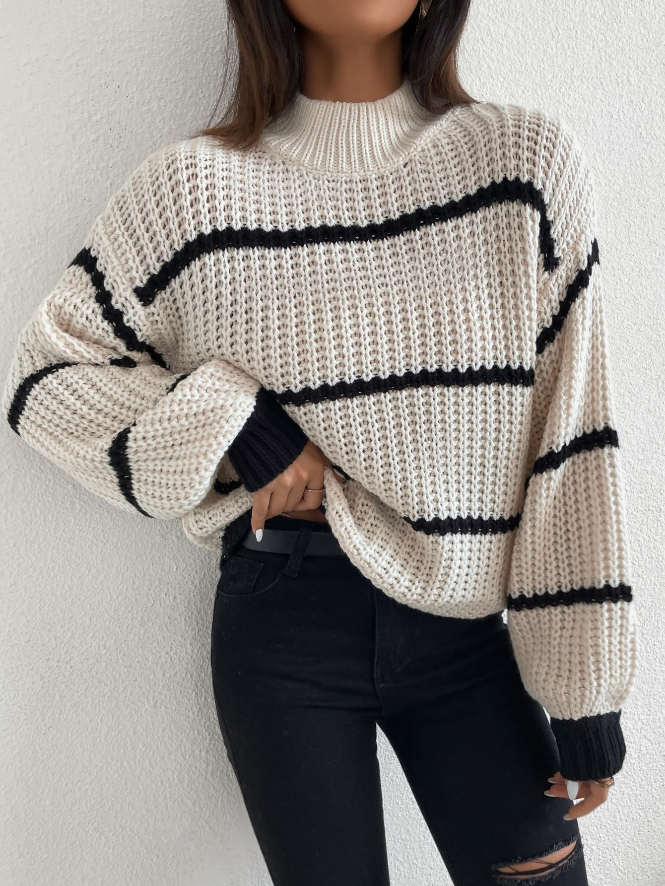 Striped Mock Neck Drop Shoulder Sweater | SHEIN