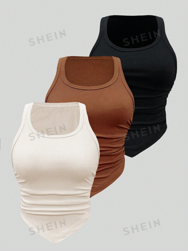 SHEIN Essnce Solid Colored Rib Knit Asymmetrical Hem Pleated Tank Top Set, Multiple Colors Availa... | SHEIN
