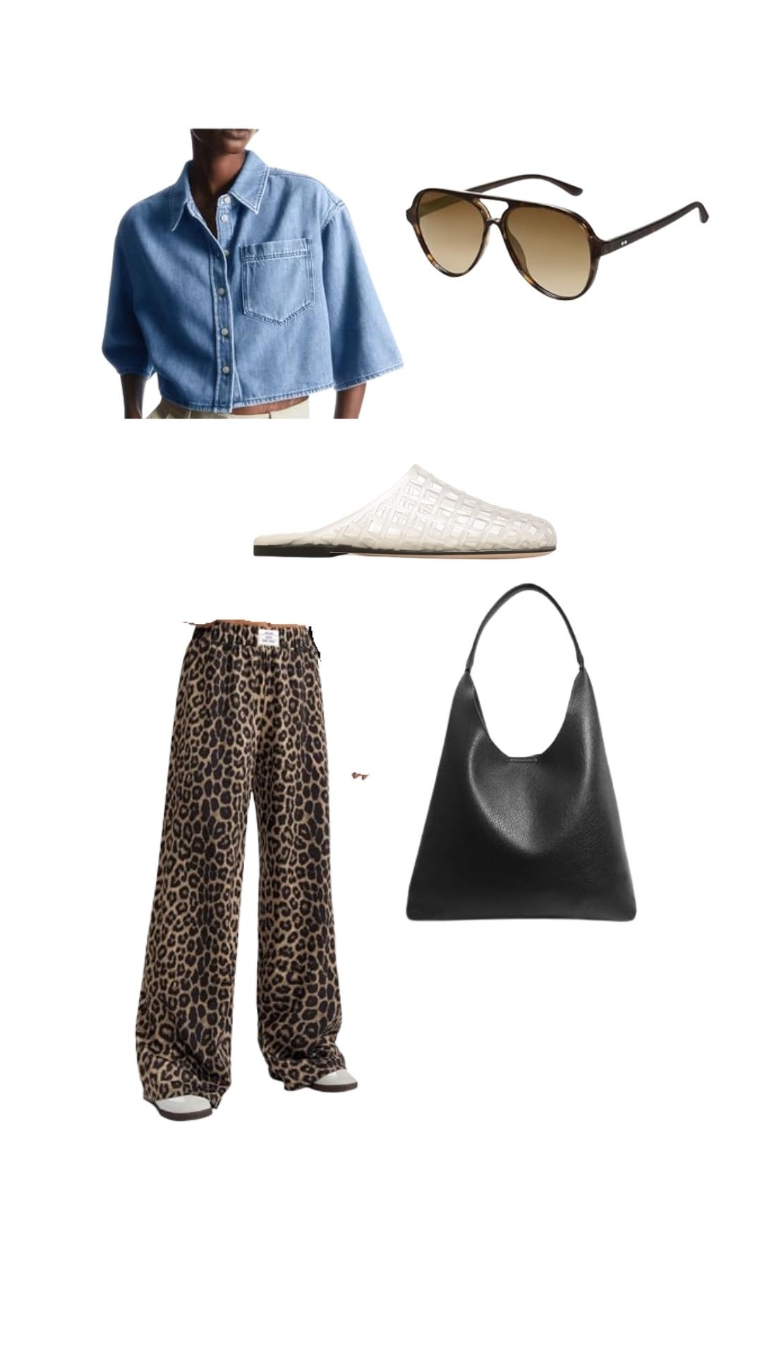 denim crop shirt
	•	oversized cropped denim top
	•	wide leg leopard pants
	•	animal print trousers
	•	slouchy leopard print pants
	•	white woven mules
	•	textured flat mules
	•	black leather hobo bag
	•	minimalist black shoulder bag
	•	aviator sunglasses
	•	brown gradient aviators
	•	casual chic outfit
	•	street style look
	•	spring casual outfit
	•	effortless trendy outfit

