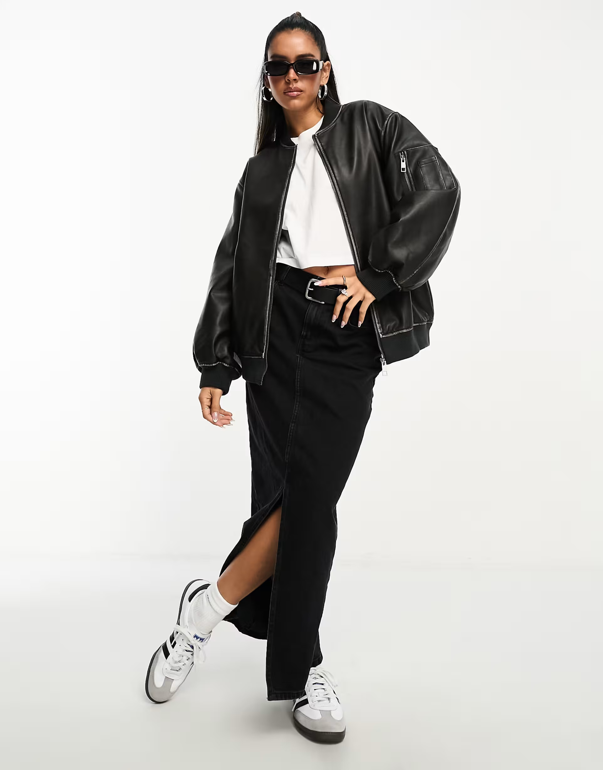 ASOS DESIGN washed faux leather bomber jacket in black | ASOS (Global)