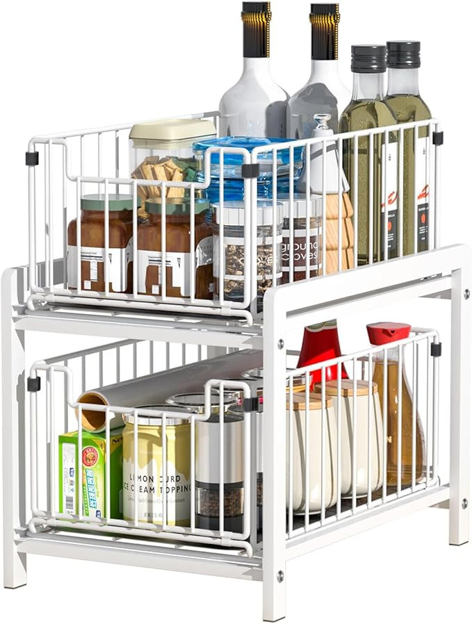 2 Tier Sliding Basket Drawer Organizer, Pull Out Under Sink Cabinets Organizer, Metal Home Organi... | Amazon (US)
