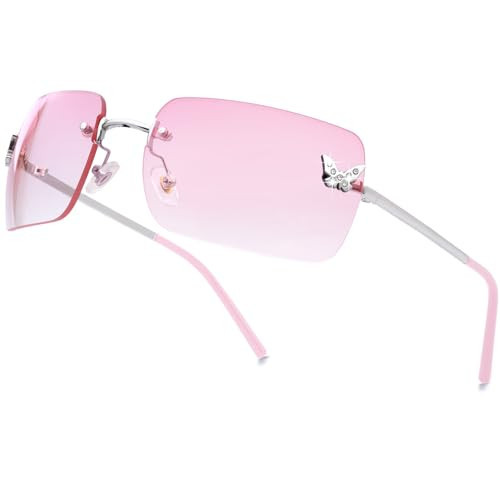knliwkm Rimless Rectangle Y2k Sunglasses for Women Men Cute Small Frameless Pink Tinted Lens 2000S Fashion Shades with Butterfly | Amazon (US)