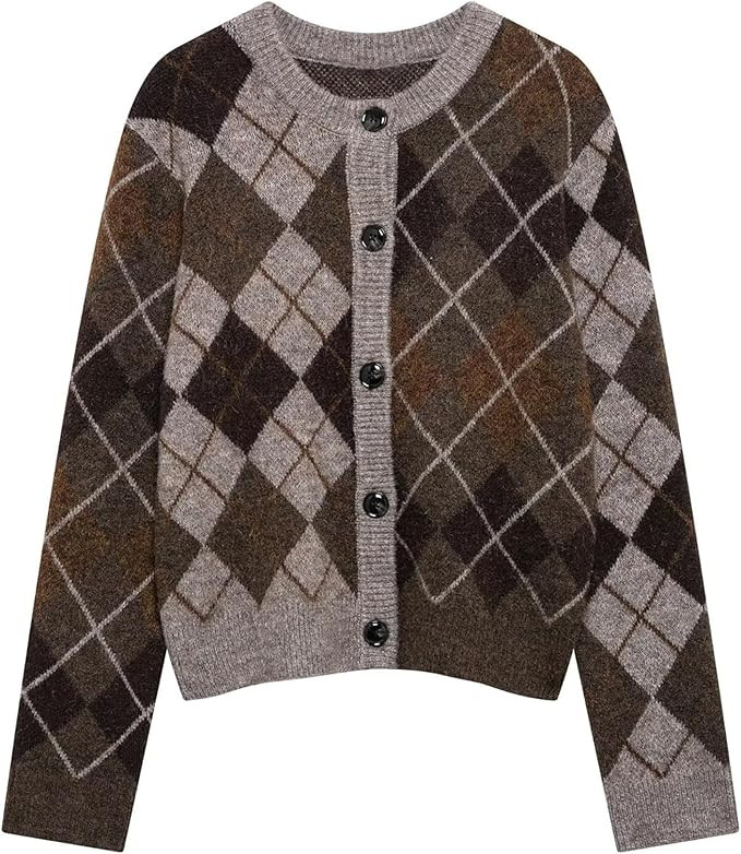 Womens Argyle Preppy Cardigan Sweater Casual Long Sleeve Button Down Color Block Knit Cardigan Sp... | Amazon (US)