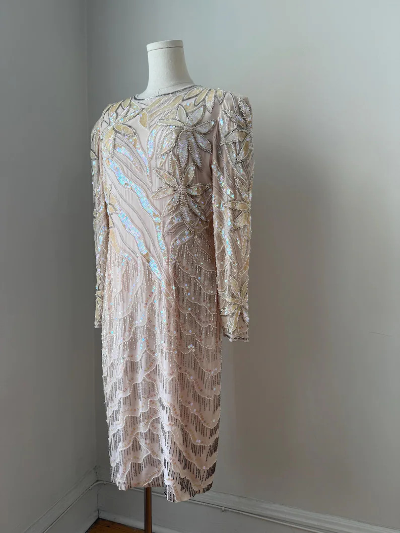 Vintage Glam 80s Pink Sequin Floral Cocktail Wedding Party Dress M-L | Etsy (Global)