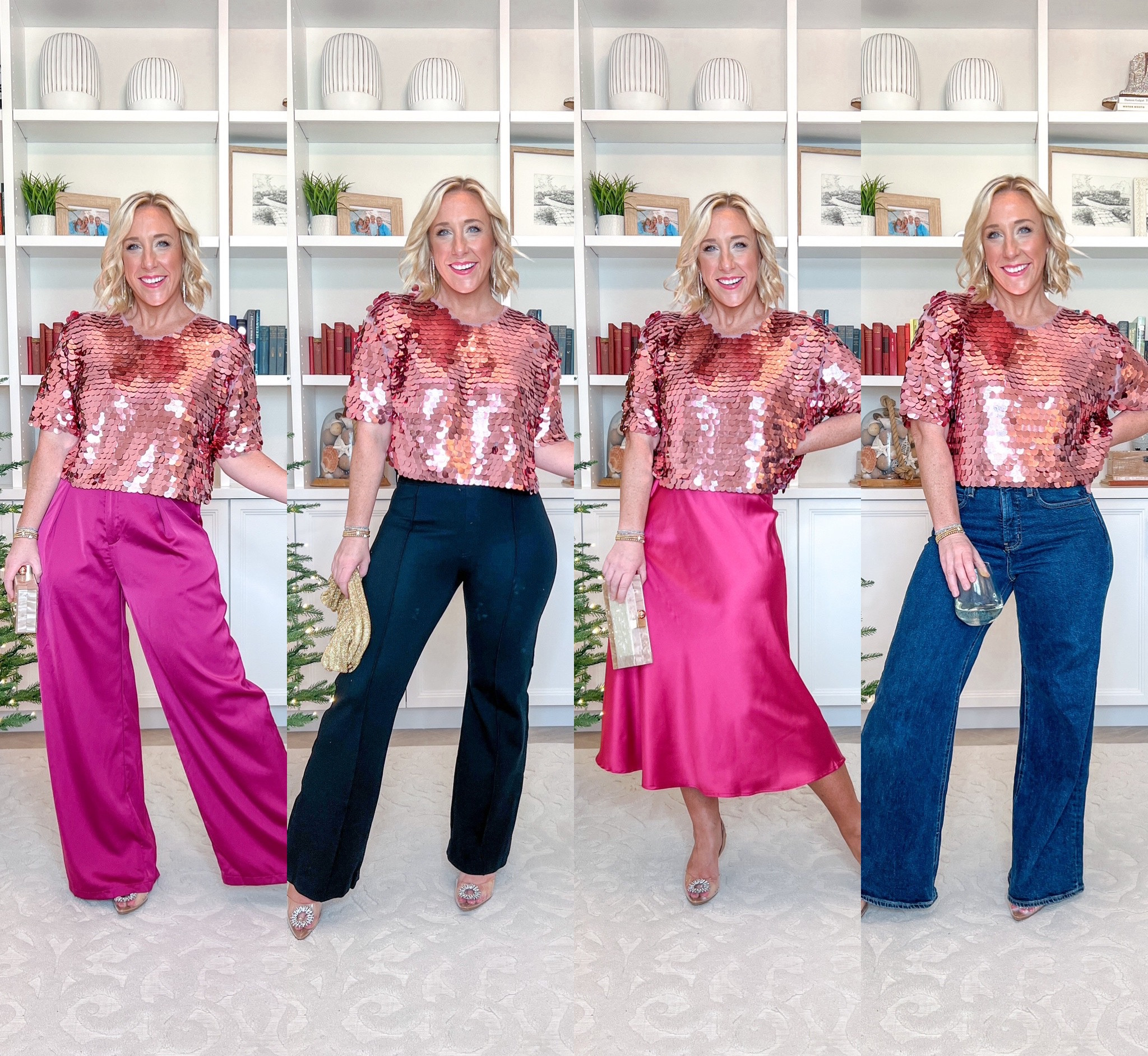 One pink sequin top, 4 ways:
1. Sequin top - size medium. 
2. Satin trousers - size medium.
3. Flare pants - size medium petite.
4. Slip skirt - size medium. 
5. Wide leg pants - size 4 (regular length). 
SHOES - tts & comfortable.
Set at beginning - size medium.  

#LTKstyletip #LTKHoliday #LTKSeasonal