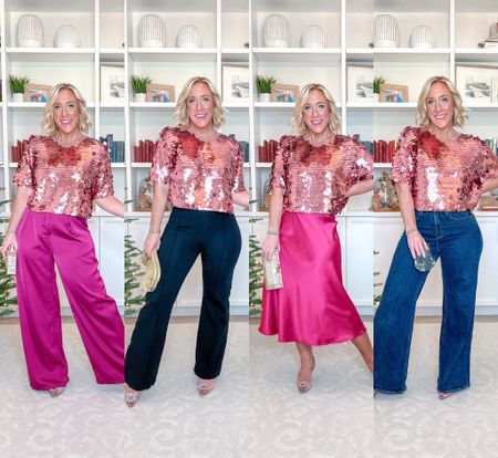 One pink sequin top, 4 ways:
1. Sequin top - size medium. 
2. Satin trousers - size medium.
3. Flare pants - size medium petite.
4. Slip skirt - size medium. 
5. Wide leg pants - size 4 (regular length). 
SHOES - tts & comfortable.
Set at beginning - size medium.  

#LTKstyletip #LTKHoliday #LTKSeasonal
