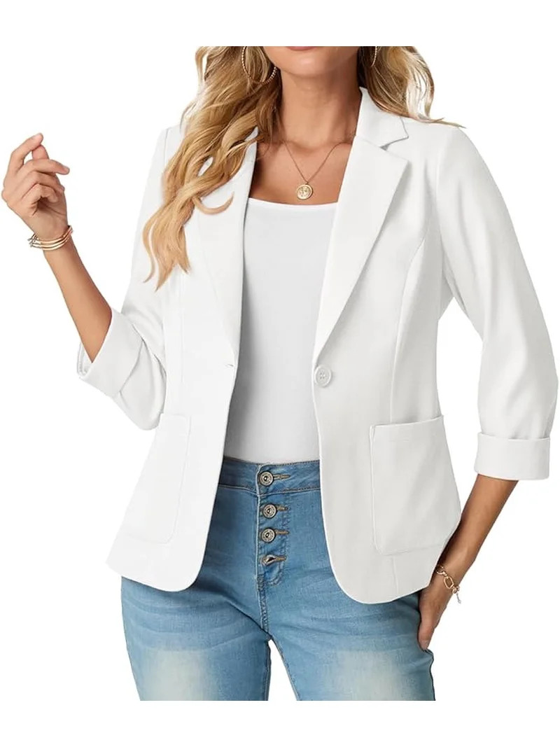 JWD Women's Slim Fit 3/4 Sleeve Notched Lapel Blazer - One Button Business Office Jacket with Poc... | Walmart (US)