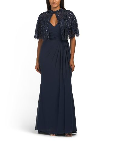 Sequin Cape Overlaly Gown With Ruched Detail | TJ Maxx