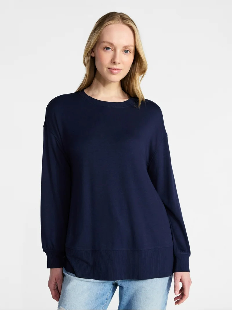 Time and Tru Women's French Terry Tunic Top with Long Sleeves, Sizes XS-XXXL | Walmart (US)