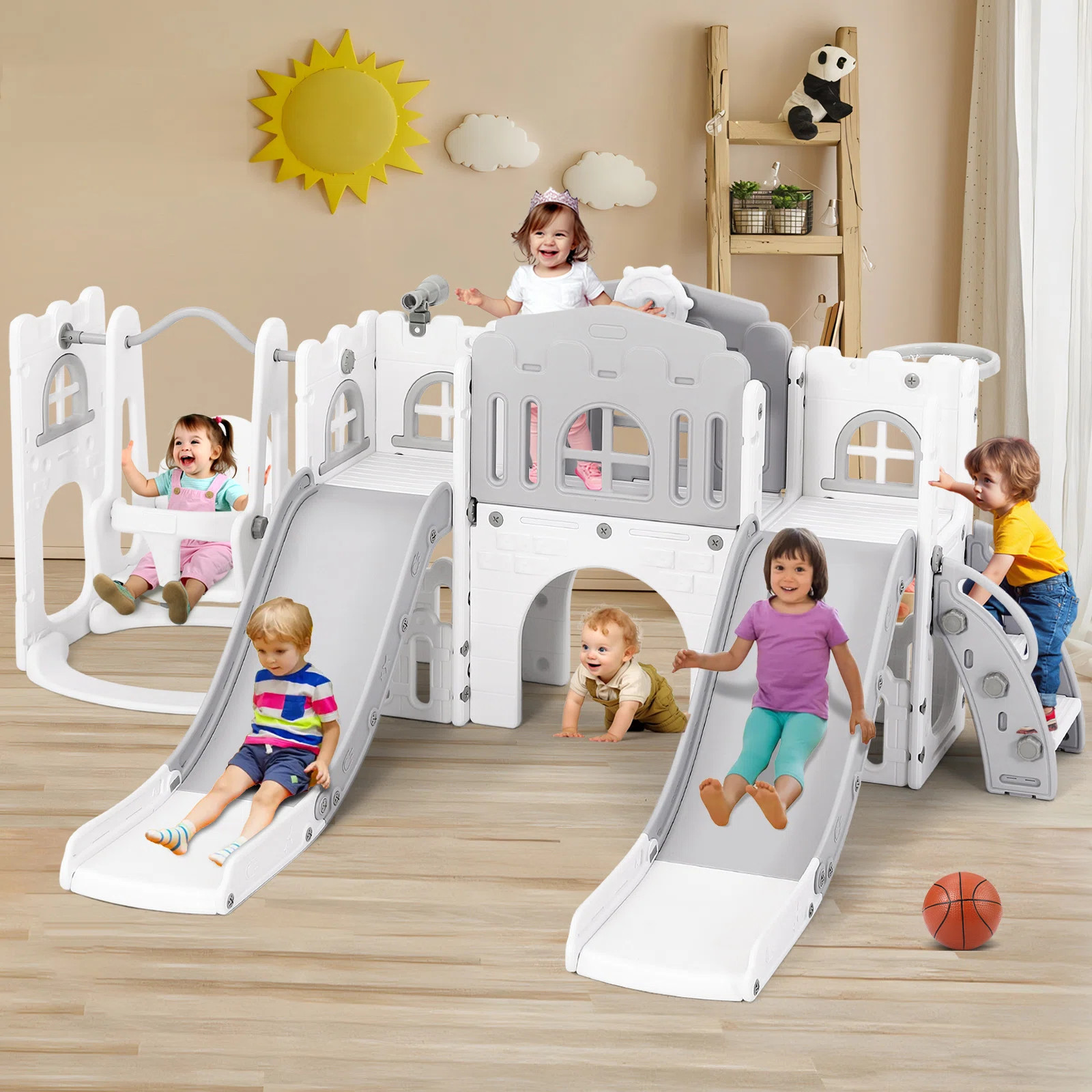 Joyldias 102.4'' W 9 In 1  Plastic Climber Toddler Slide With Swing, Toddler Playground With Doub... | Wayfair North America