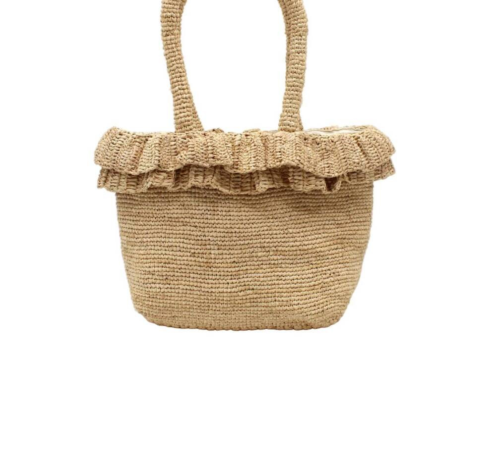 NEW SHEBOBO women's kiri ruffle crochet raffia straw basket handbag in beige | Poshmark