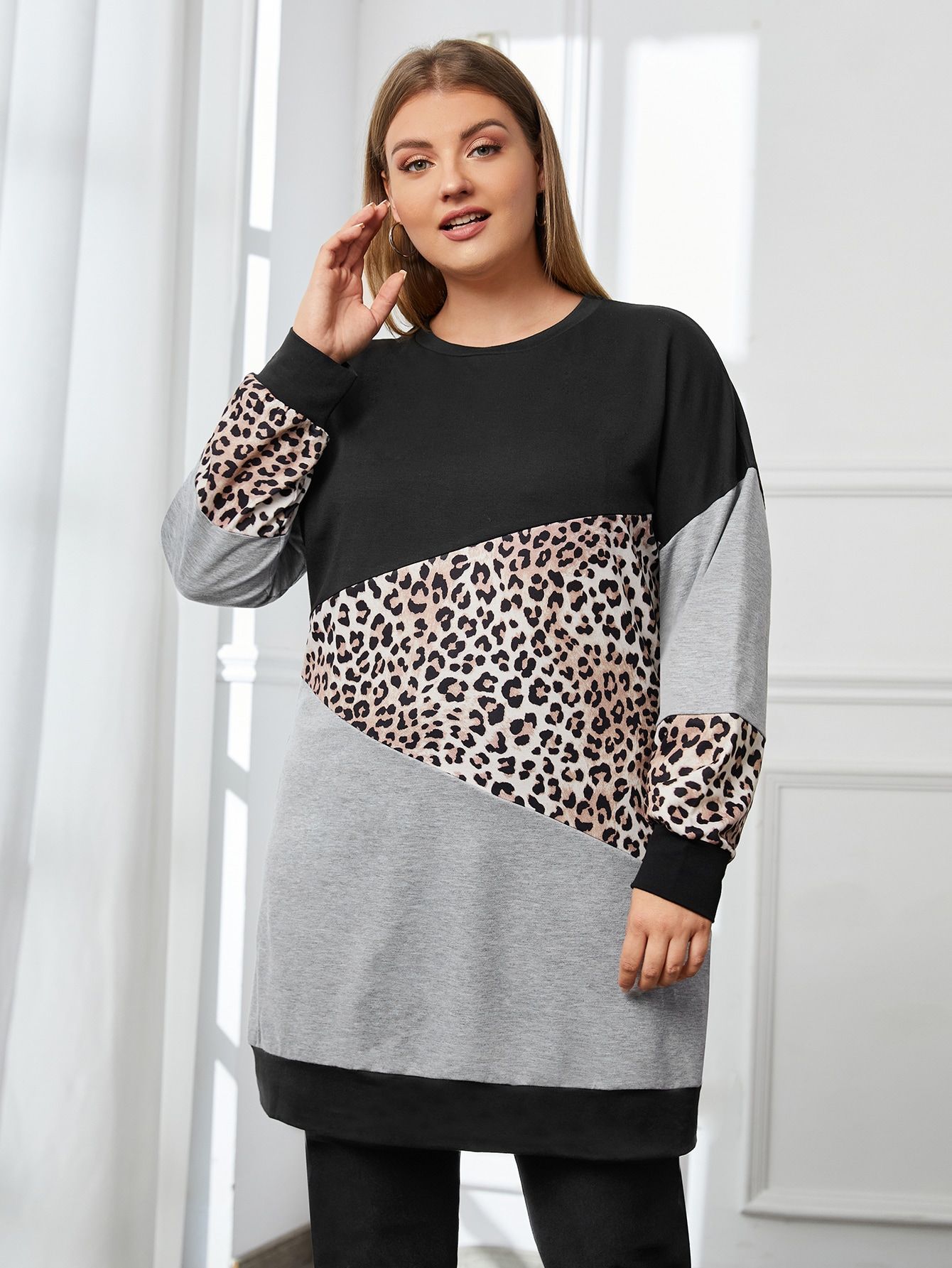 Plus Colorblock And Leopard Print Drop Shoulder Longline Sweatshirt | SHEIN