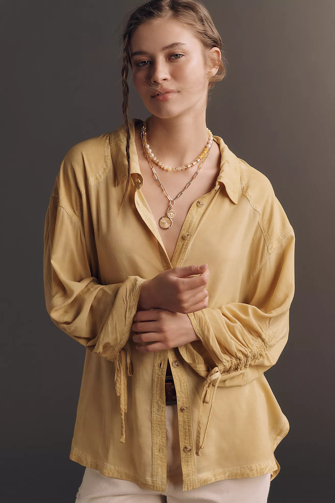 Pilcro Cinched-Sleeve Buttondown Top | Anthropologie (US)