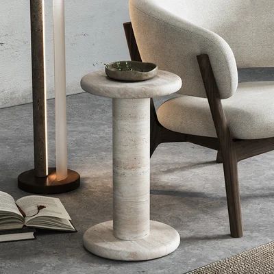 Beige Round Travertine Side Table 12.6" Modern End Table-Homary | Homary