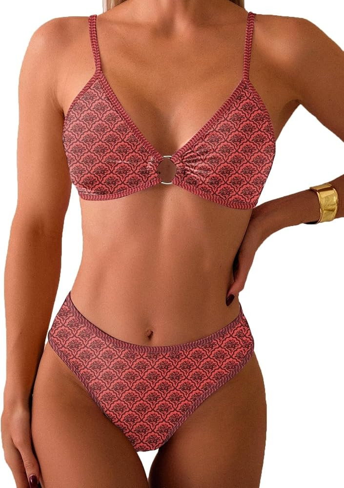 Fanuerg Women's Triangle Bikini Sets O Ring Linked Two Piece Swimsuits Floral Printed Cheeky Bath... | Amazon (US)