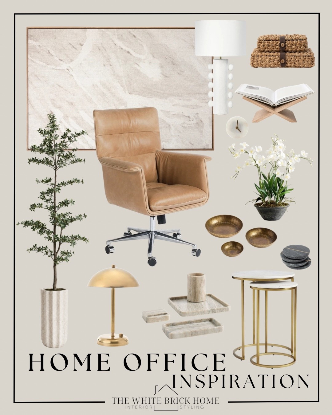 A collection of textures and organic modern office decor that make up an elevated home office design. 

Home office, wall art, table lamp, home decor, faux tree, office chair, abstract wall art, side table, home accessories, decor, office decor, home decor ideas, office ideas, faux plant, home finds, McGee and co, pottery barn, target