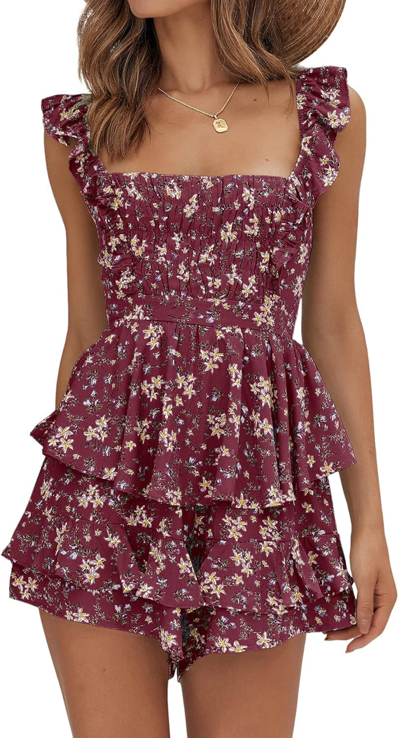Womens Sexy Summer Romper Floral Square Neck Ruffle Strap Layer Hem Shorts Jumpsuits | Amazon (US)