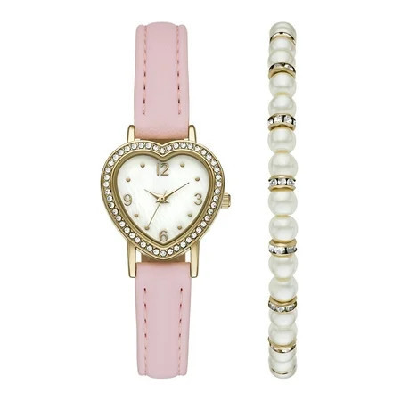 Folio Women’s 2pc Watch & Bracelet Set; 28mm Heart Case, Pink PU Leather Strap, Silver, FMDAL1225 | Walmart (US)