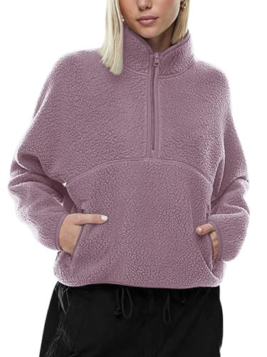 LASLULU Womens Half Zip Sherpa Pullover Jacket Purple Cropped Sweatshirts Fleece Jacket Cute Teen Girls Sweatshirt Fuzzy Sweaters Fall Outfits (Violet, Medium) | Amazon (US)