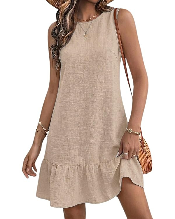 Halife Womens Casual Summer Dresses Tie Back Crew Neck Sleeveless Tank Mini Dress Ruffle Hem Flow... | Amazon (US)