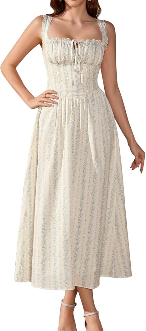 GLNEGE Womens Floral Corset Midi Dress Summer Flowy Wedding Guest Dresses Lace Smocked Back Tea P... | Amazon (US)