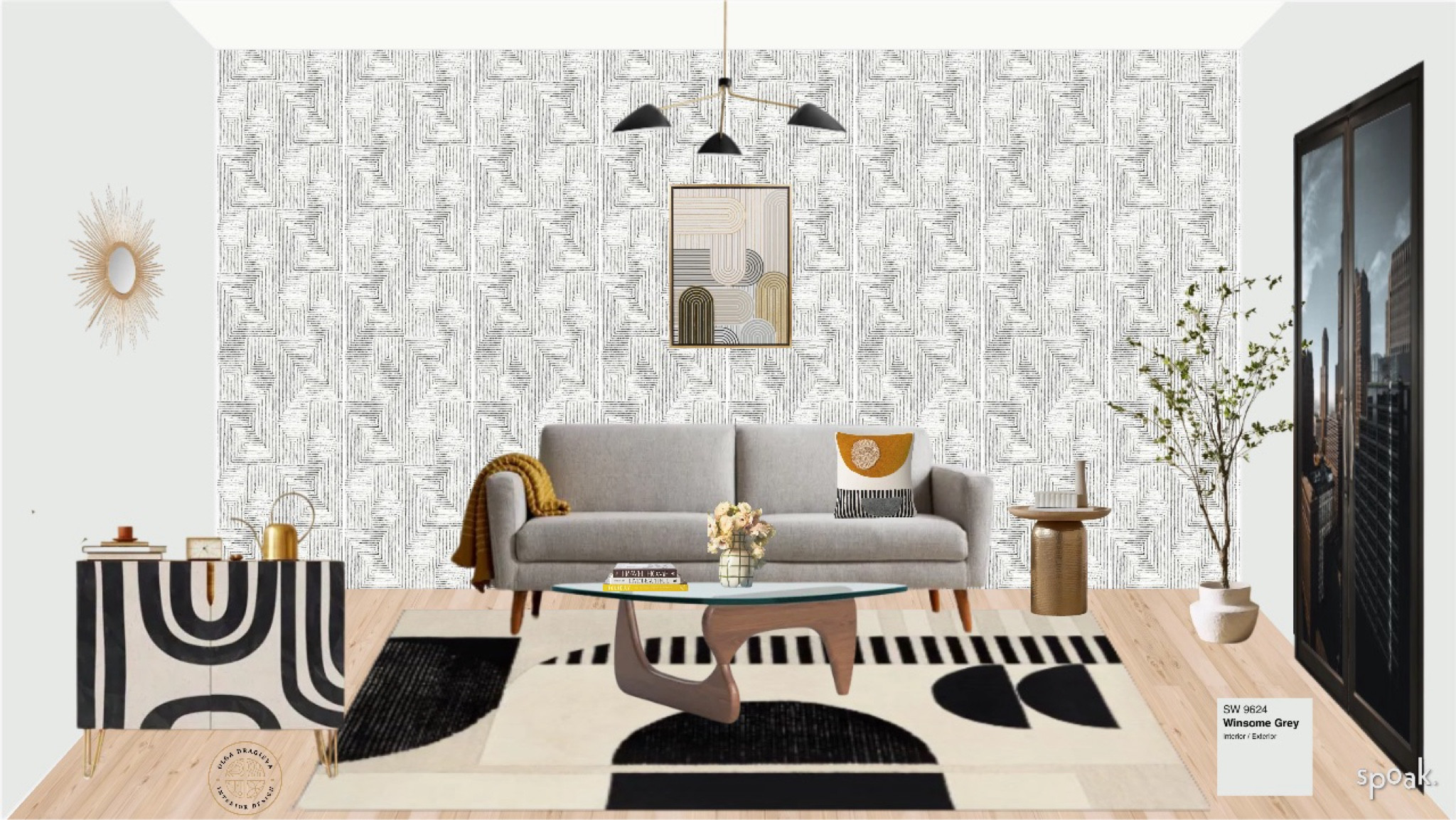 Geometric and MCM living room design/moodboard! I love the black & white palette with a bit of gold! Gold side table, geometric rug, MCM chandelier, Noguchi style coffee table, geometric wallpaper; geometric wall art, geometric side board, grey sofa. 

#LTKStyleTip #LTKSeasonal #LTKHome