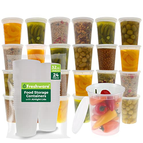 Freshware Food Storage Containers [24 Set] 32 oz Plastic Deli Containers with Lids, Slime, Soup, Meal Prep Containers | BPA Free | Stackable | Leakproof | Microwave/Dishwasher/Freezer Safe | Amazon (US)