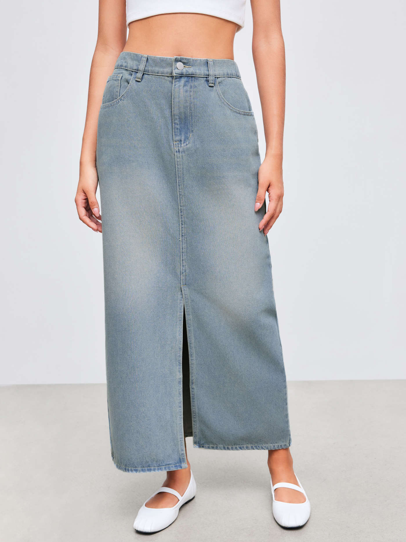 Denim Mid Rise Solid Split Maxi Skirt | Cider