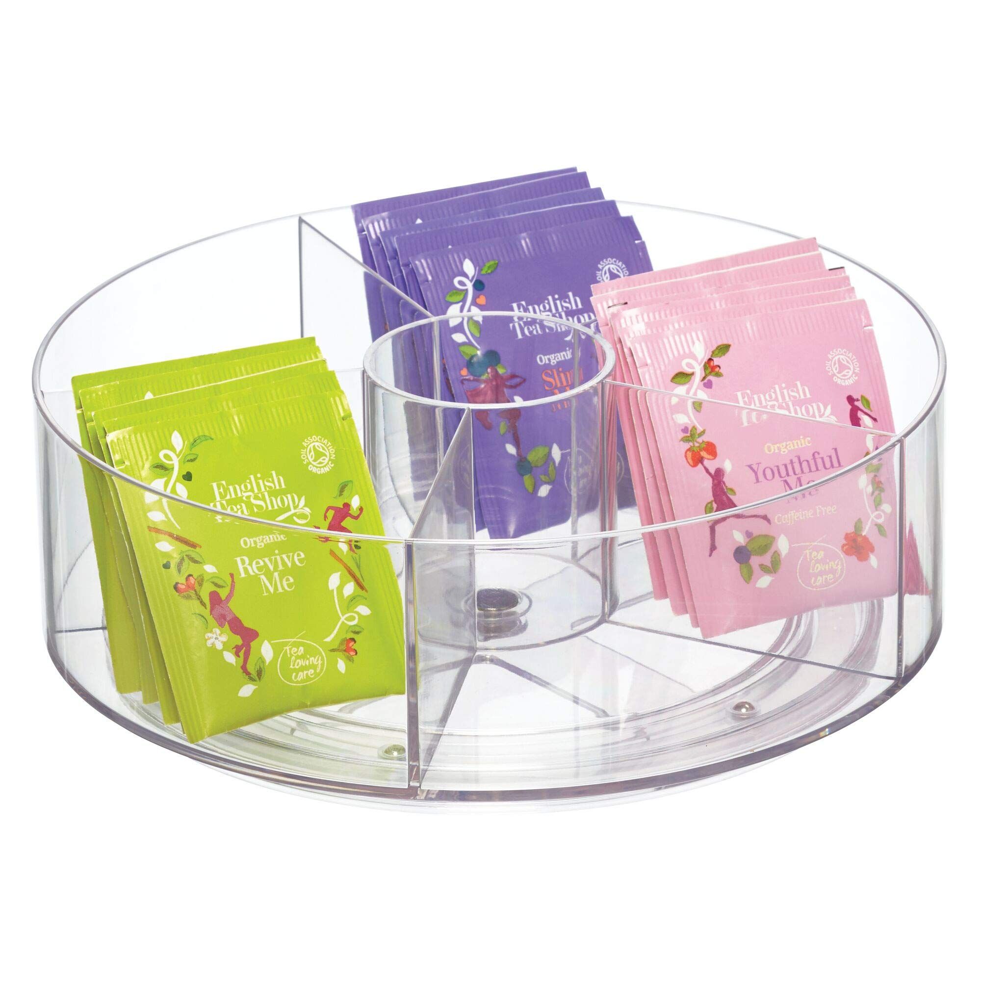 iDesign Cabinet Binz Divided Rotating Turntable Tea Packet Organizer, 9" x 9" x 3.01", Clear | Amazon (US)