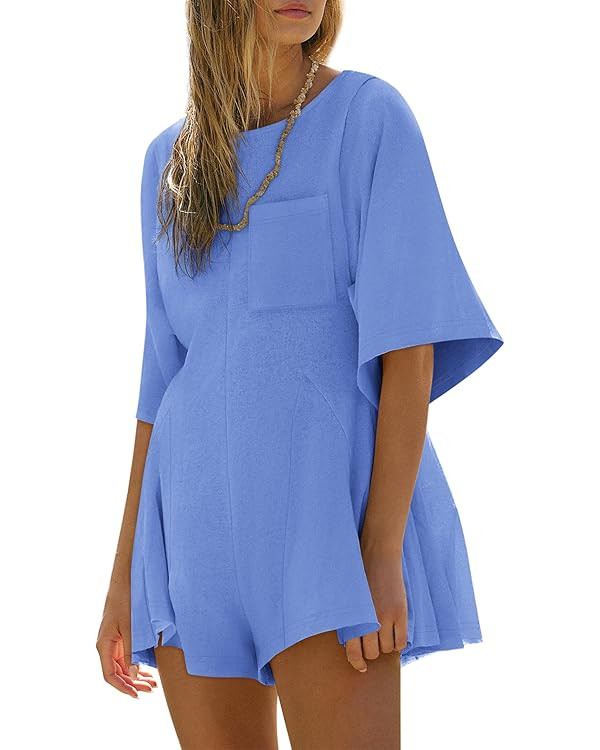 Yousify Rompers for Women 2025 Spring Outfits Summer Casual Short Sleeve Crew Neck Loose Jumpsuit... | Amazon (US)