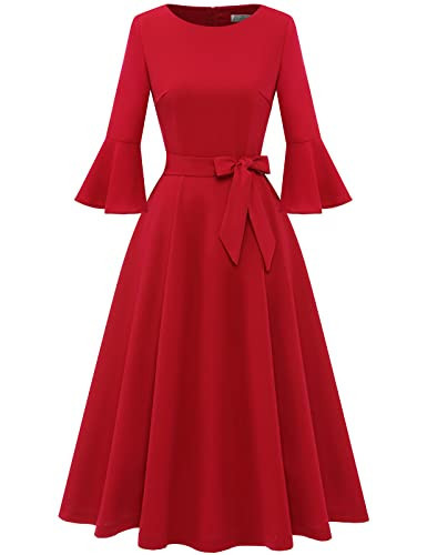 Women's Vintage Midi Formal Homecoming Bridesmaid Cocktail Party Swing Tea Dress Elegant Fit and Flare Long Sleeve Dress for Women Wedding Guest Red S | Amazon (US)