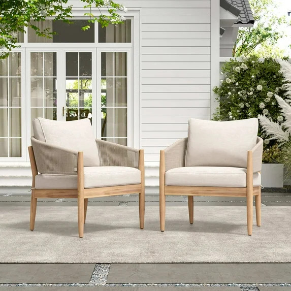 Christopher Knight Home Outdoor Patio Club Chairs, Wood Frame with Cushion and Light Brown Rope, ... | Walmart (US)