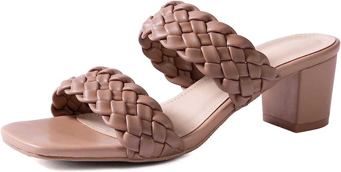 N.N.G Women Heels Sandals Woven Chunky Heels Braided Nude Square Toes Leather Comfortable Strappy... | Amazon (US)