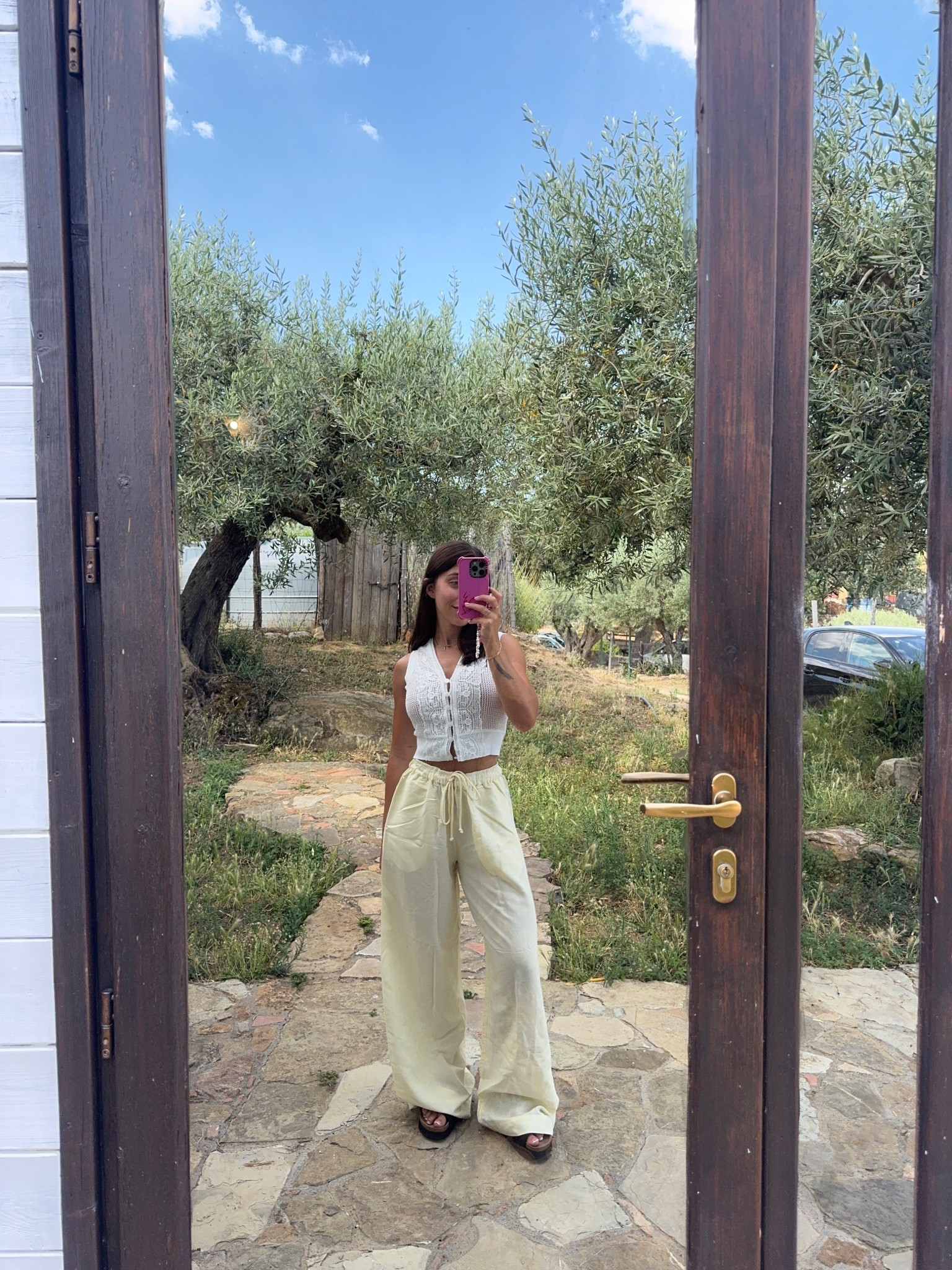 White blouse, button up top, linen trousers, lemon trouser, lemon pants, limoncello, holiday outfit, petite outfit, summer, knit top,  crochet top, summers day, wardrobe basic, essential, summer colours, lace detail top, white top

#LTKsummer #LTKuk #LTKeurope