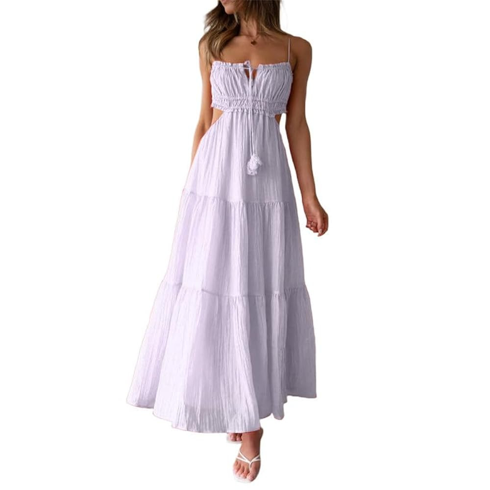 Women Y2K Spaghetti Strap Maxi Dress Ruffle Flowy Long Cami Dress Cut Out Ruched Tiered Slip Dres... | Amazon (US)