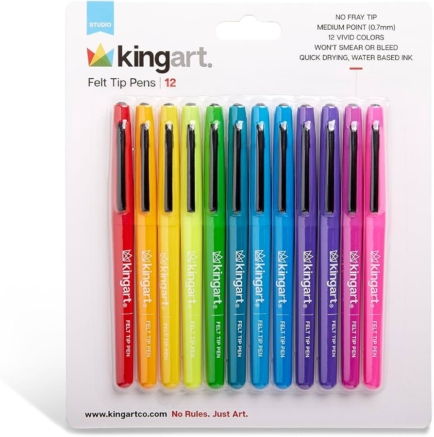 KINGART Studio Felt Tip Pens, Medium Point, Set 12 Unique Bright Colors | Amazon (US)