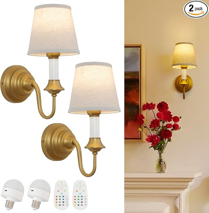 Vintage Battery Operated Wall Sconces Set of 2,Brass Gold Fabric Sconce Light with Linen Cloth Sh... | Amazon (US)