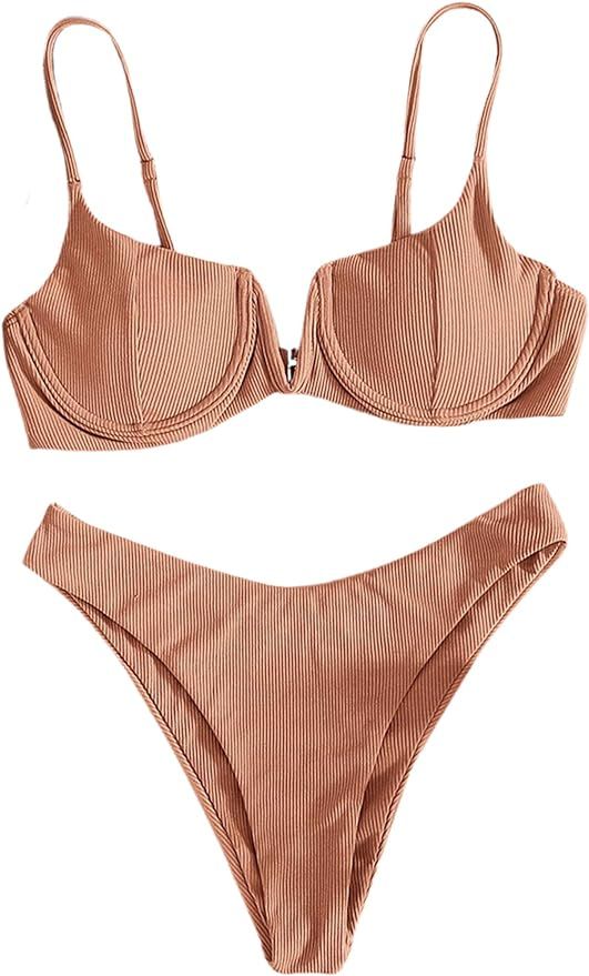 Avanova Women's Sexy Underwire Bikini Set Triangle Ribbed Knit Swimsuit High Cut Push Up Bathing ... | Amazon (US)