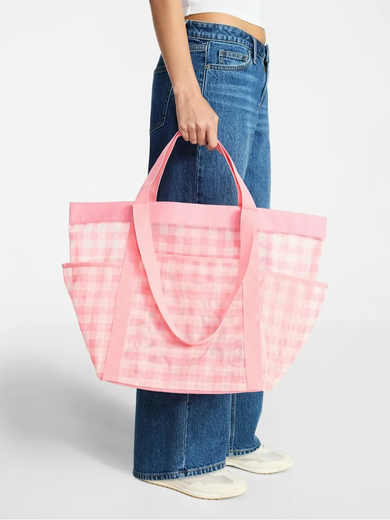 No Boundaries Women's Mesh Tote Bag, Peach Gingham | Walmart (US)