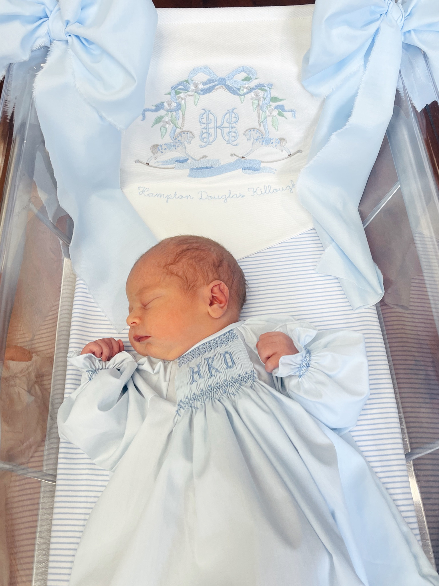 Newest baby love 🩵 custom smocked gown from Etsy 
Custom banner from Olive Branch Embroidery 
Blanket in bassinet is Lake Pajamas (stripe on one side & polka dot on the other) 🩵

#LTKBaby #LTKBump #LTKKids