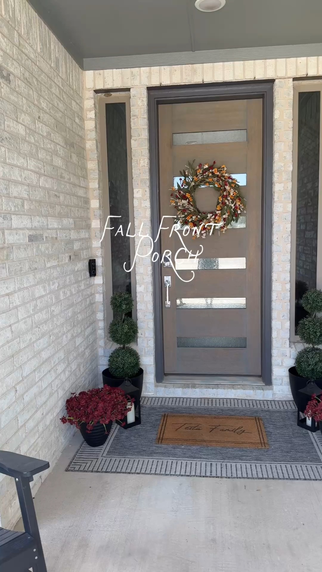 Fall front porch, fall decor, uv rated flowers, fall porch, topiary, door mat, fall wreath