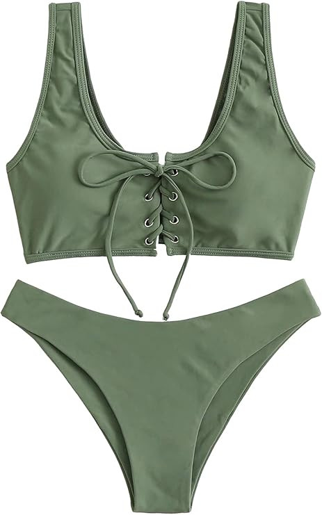 SweatyRocks Women's Sexy Bikini Set Lace Up Solid Color Two Piece Bathing Swimwear Suits | Amazon (US)