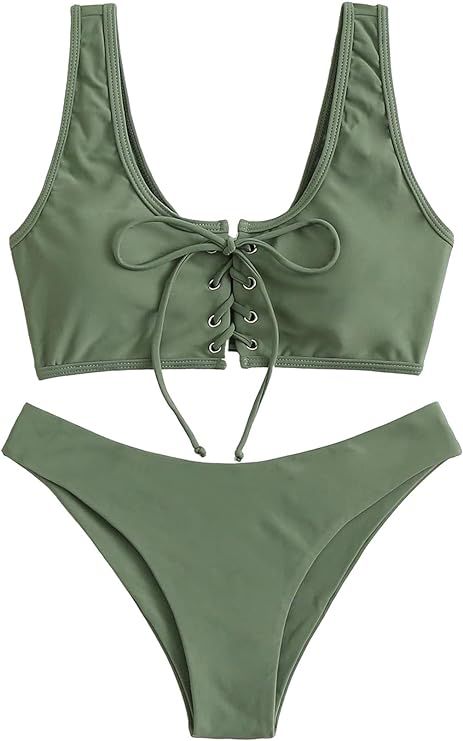 SweatyRocks Women's Sexy Bikini Set Lace Up Solid Color Two Piece Bathing Swimwear Suits | Amazon (US)