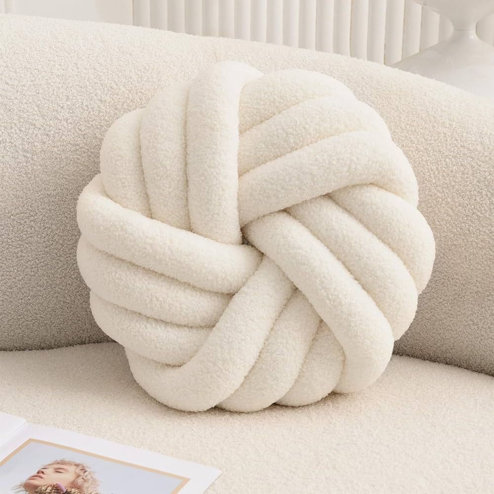 Cream White Knot Pillow 13.7'' Round Throw Pillow Soft Plush Knot Ball Pillow Handmade Knotted Pi... | Amazon (US)