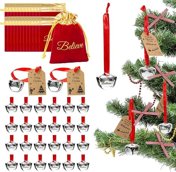 24 Sets Christmas Believe Bells Polar Express Bells Christmas Bells for Decoration Bulk with Red ... | Amazon (US)